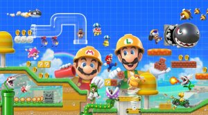 Promotional image for Super Mario Maker 2, Mario and Luigi building a Mario Maker Level