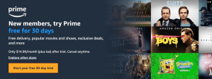 amazon prime landing page, saying "try prime free for 30 days, cancel anytime."