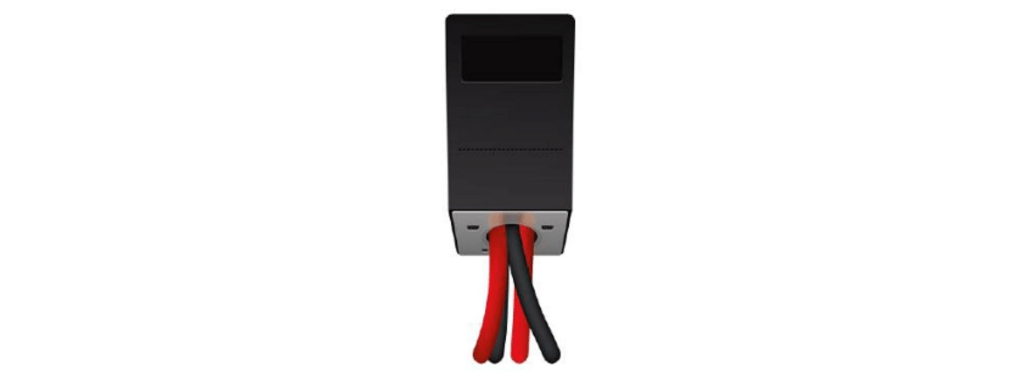 A rendering of a small black box with red and black wires coming out of it