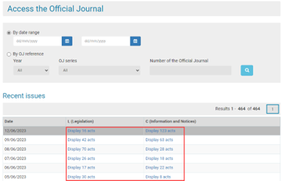 screen shot of the ‘Display acts’ links on the ‘Access the Official Journal’ page